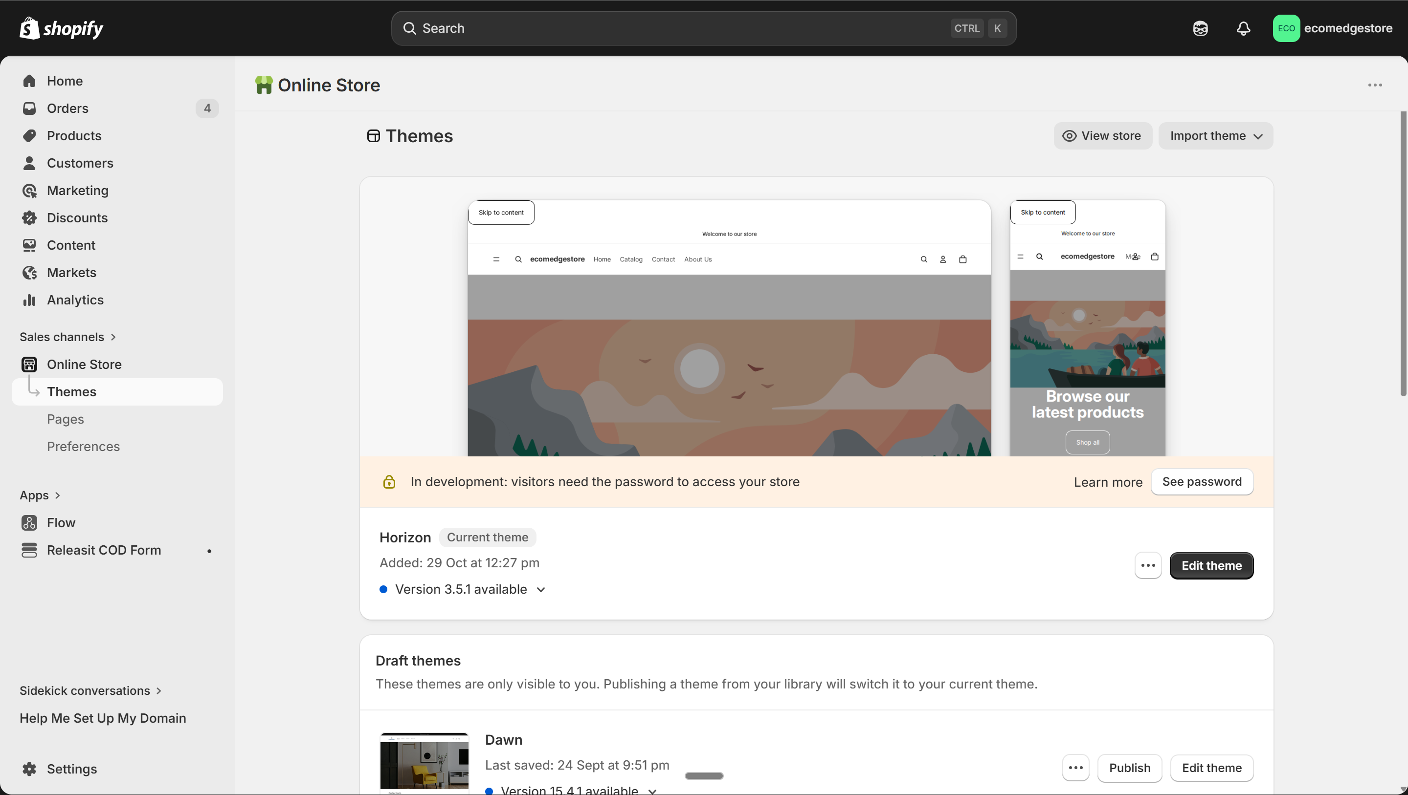 Shopify Themes page — current theme and drafts
